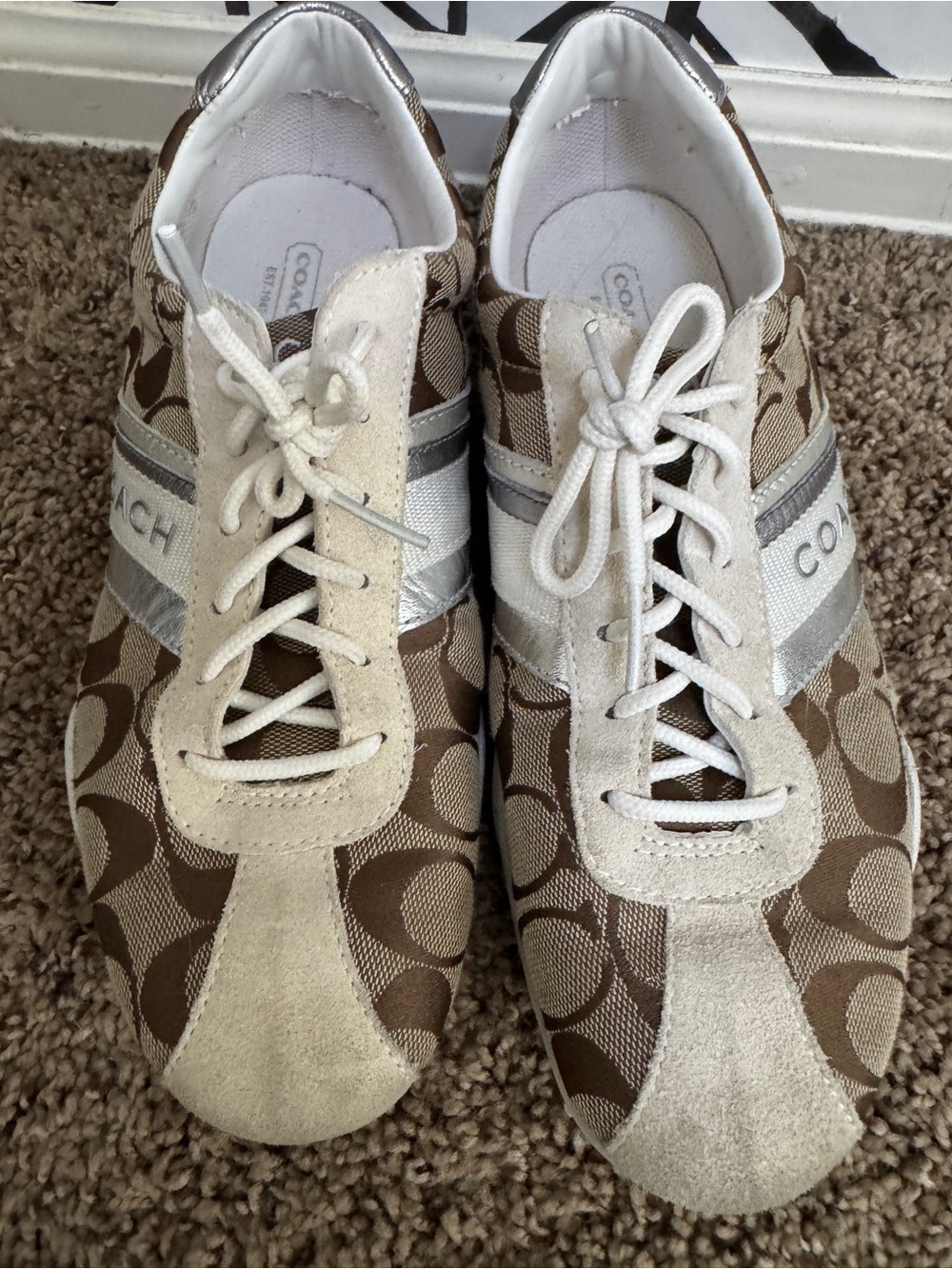 Coach Brown & Cream Signature Canvas Sneakers with Silver Accent